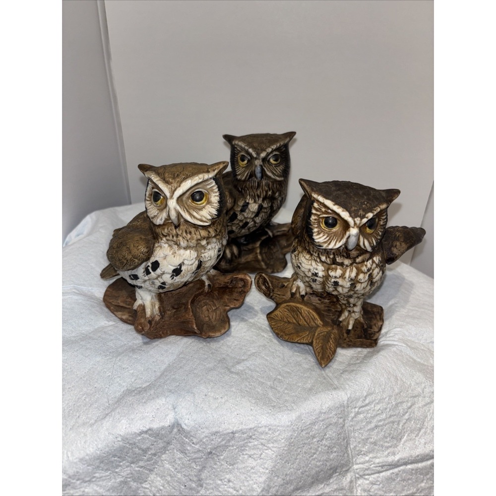 Vtg 1970s Homco Great Horned Owl Porcelain Figurines Owls Set 3 Birds 1114 MCM